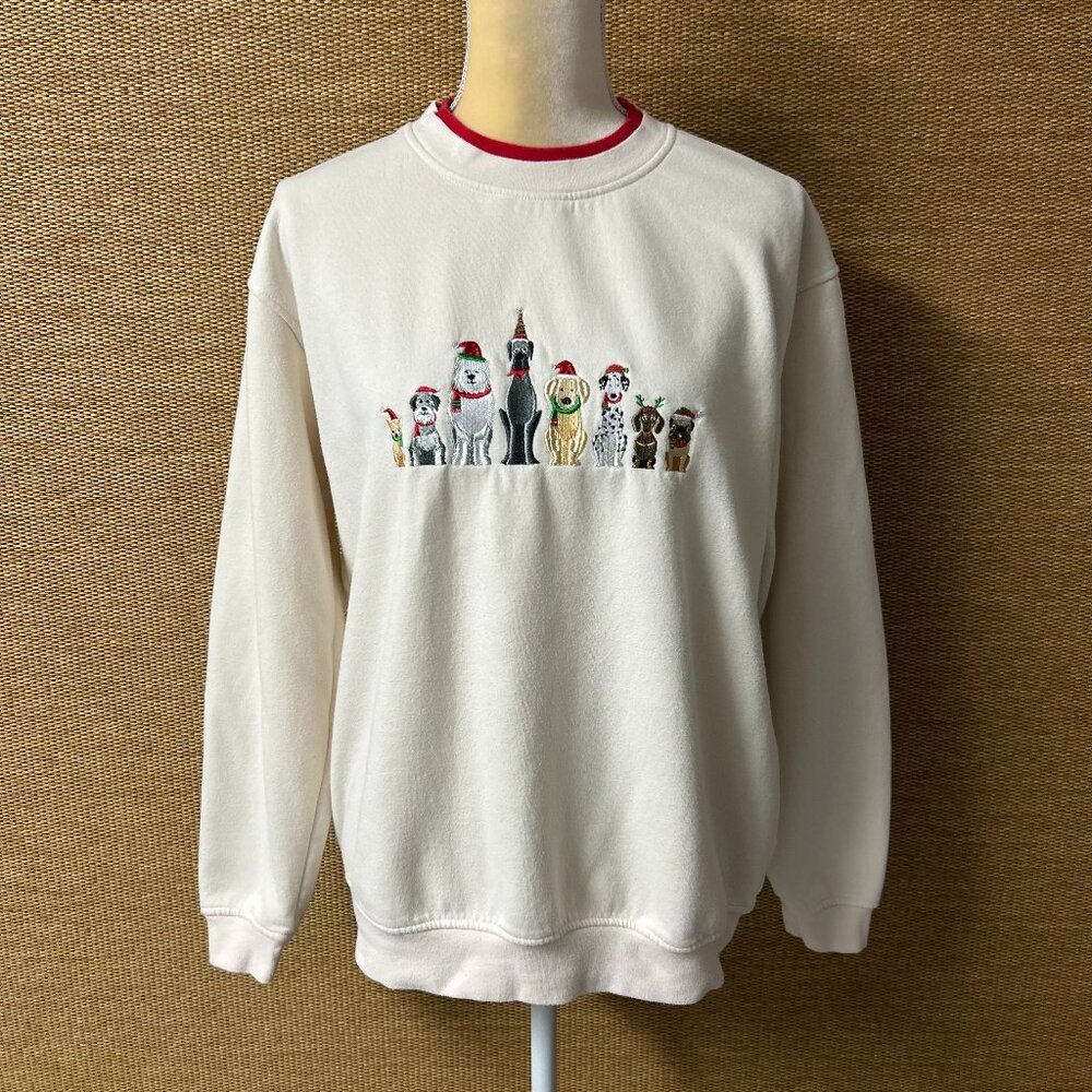 King Universal Sweatshirt Womens Large Ivory Embroidered Christmas Dogs